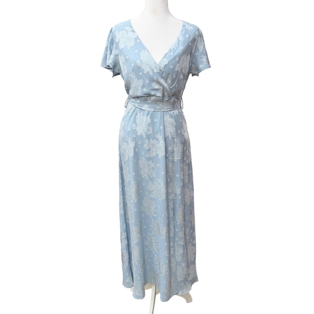 Lulus Icy Blue Floral Wrap Maxi Dress Medium Flutter Romantic Whimsical Boho - Picture 2 of 12